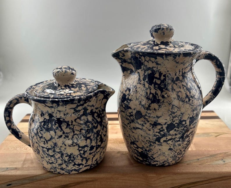 Vintage Blue Spongeware Pitcher and Creamer Set with Matching Lids Cobalt Cream Stoneware 4 Piece Farmhouse