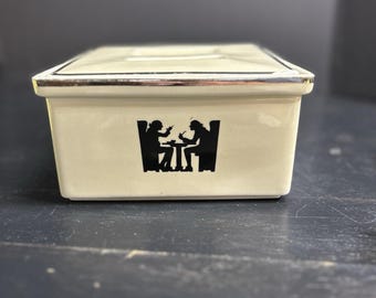 Vintage Hall Refrigerator Dish: Ivory Booth Couple Silhouette, 1940s Kitchenware