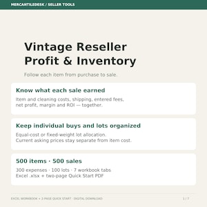 May include: A digital spreadsheet tool titled Vintage Reseller Profit & Inventory. It features sections for tracking sales, cleaning costs, shipping, fees, net profit, margin, and ROI. Includes 500 items, 500 sales, 300 expenses, 100 lots, and 7 tabs.