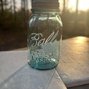Rare Antique Blue Ball Perfect Mason Jar Blue with original Milk Glass Zinc Lid 1920’s #9. Gorgeous jar ! Has bubbles and a rare shaped 9 image 10