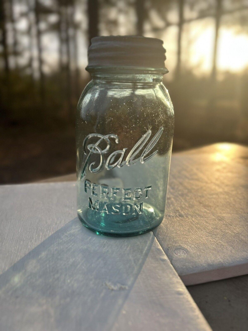 Rare Antique Blue Ball Perfect Mason Jar Blue with original Milk Glass Zinc Lid 1920’s #9. Gorgeous jar ! Has bubbles and a rare shaped 9 image 10