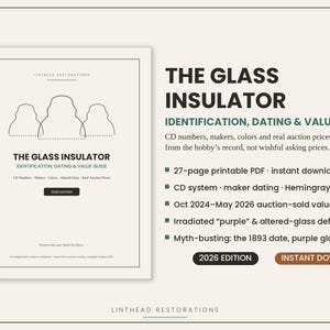 Könnte beinhalten: Ein 27-seitiger druckbarer PDF-Leitfaden mit dem Titel The Glass Insulator: Identification, Dating & Value Guide. Das Cover zeigt Strichzeichnungen von drei Isolatoren und Text zu CD-Nummern, Datierungen und Auktionswerten.