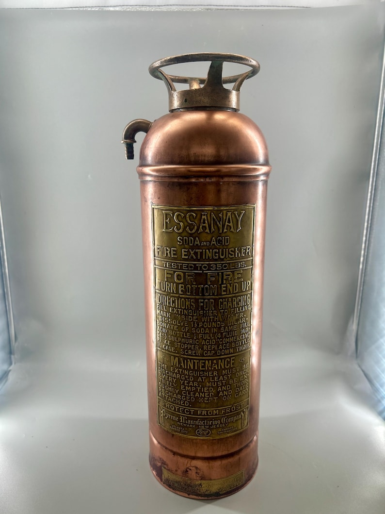 ESSANAY Soda Acid Fire Extinguisher Antique Copper Brass Original Glass Bottle Cage Early 1900s