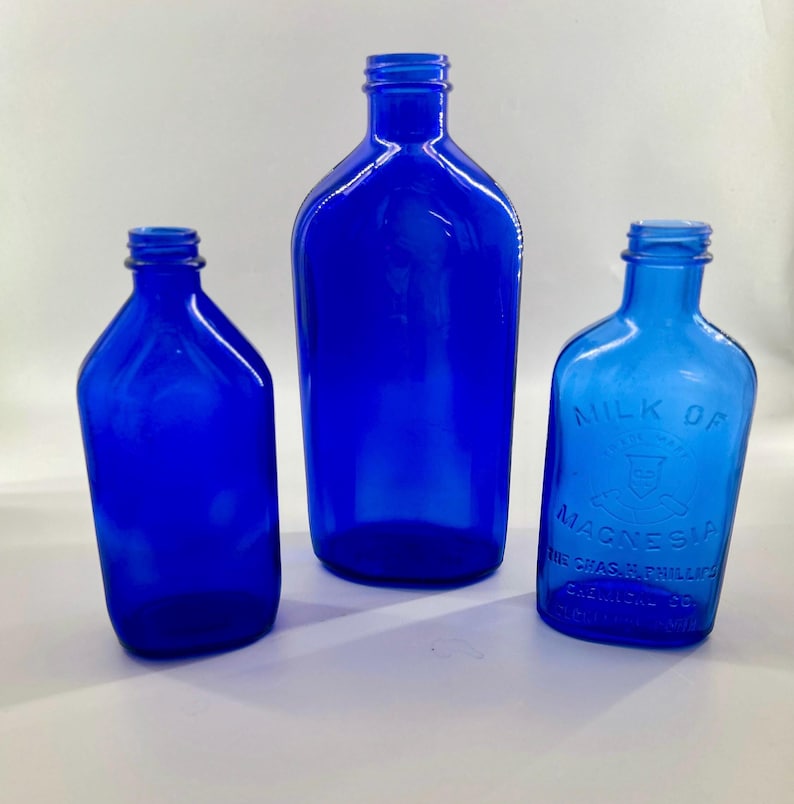 Vintage Cobalt Blue Apothecary Bottle Lot Phillips Milk of Magnesia Pharmacy Drugstore Glass Decor