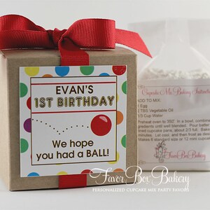 May include: A brown box with a red ribbon tied around it. The box has a colorful label that says "Evan's 1st Birthday" and "We hope you had a BALL!" The box contains a white bag of cupcake mix with baking instructions. The bag is labeled "Cupcake Mix Baking Instructions".