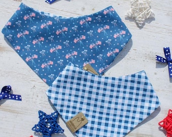 Fireworks & Fetchin’ Flags Reversible Dog Bandana | Patriotic 4th of July Pet Scarf | Blue Flags and Gingham Summer Bandana