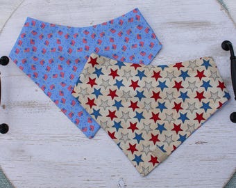All-American Tail Wagger|Reversible Cotton Dog Bandana | Patriotic 4th of July Scarf | Red White and Blue Stars and Flags|Pet Gift XXS–XXL