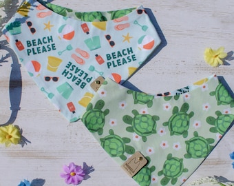 Beach Please | Reversible Beach & Turtle Print Cotton | Magnolia Crochets and Sews| Reversible Dog Bandana | Pet Gift XXS–XXL