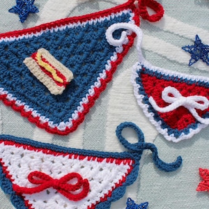 Custom Patriotic Crochet Dog Bandana | 4th of July | Choose Blue/White/Red Base + Bow or Hot Dog Appliqué | Red White Blue Pet Scarf