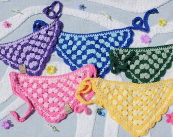 Checkered Crochet Pet Bandana | Handmade Dog & Cat Scarf | Green, Pink, Blue, Yellow, Purple
