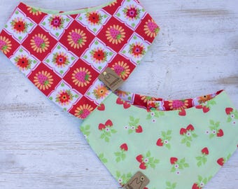Strawberry Picnic| Retro Red Strawberry Print + Minty Green Back | Reversible Dog Bandana | Pet Gift XXS–XXL