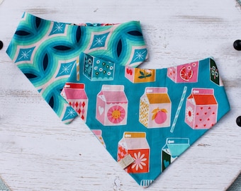 Groovy Juice Box| Retro Juice Print + Bold Geometric Back | Reversible Dog Bandana | Pet Gift XXS–XXL