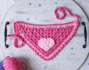 Handmade Crochet Dog Bandana | Pink Heart Tie-On Accessory