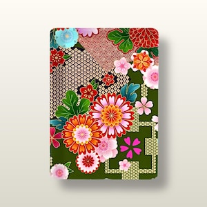 May include: A rectangular card featuring a vibrant floral pattern on a dark olive green background. The design includes large orange, red, and pink chrysanthemum-like flowers, smaller cherry blossoms, and geometric patterns in gold and black.