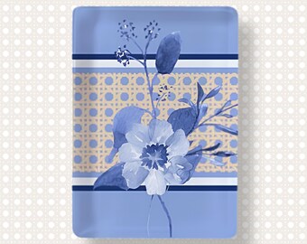 American Mahjong Tiles Set Cornflower Blue with Flax Basket Weave Print Dark Navy Flower Motif