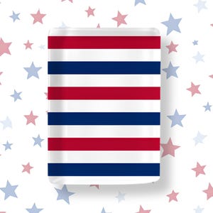 May include: A rectangular glass tray featuring a repeating horizontal striped pattern in red, white, and dark blue. The surface is smooth and glossy, with clean, sharp lines separating each color band across the entire rectangular object.