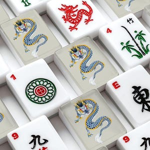 American Mahjong Tiles Set - Chinese Dragon Dark Blue Mustard Yellow Pastel Gray image 2