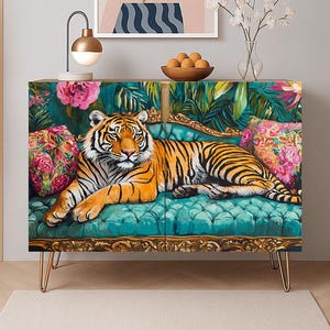 Credenza Wooden Storage Cabinet Whimsical Tiger Teal Blue Fuchsia Pink Bright Maximalist Art Colorful Design