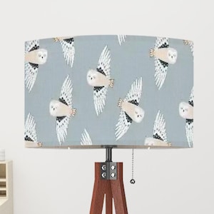 Lamp Shade with Ring (Ships from USA) Scandinavian Flying Owls Pattern on Linen Fabric * 17.5&quot; Diameter x 10.2&quot; Height * Drum Lampshade