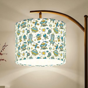 Arc Floor Lamp (Ships from USA) Dimmer * Remote Control and Foot Button * Printed Linen Lampshade * Space Ships and Rockets Print Pattern
