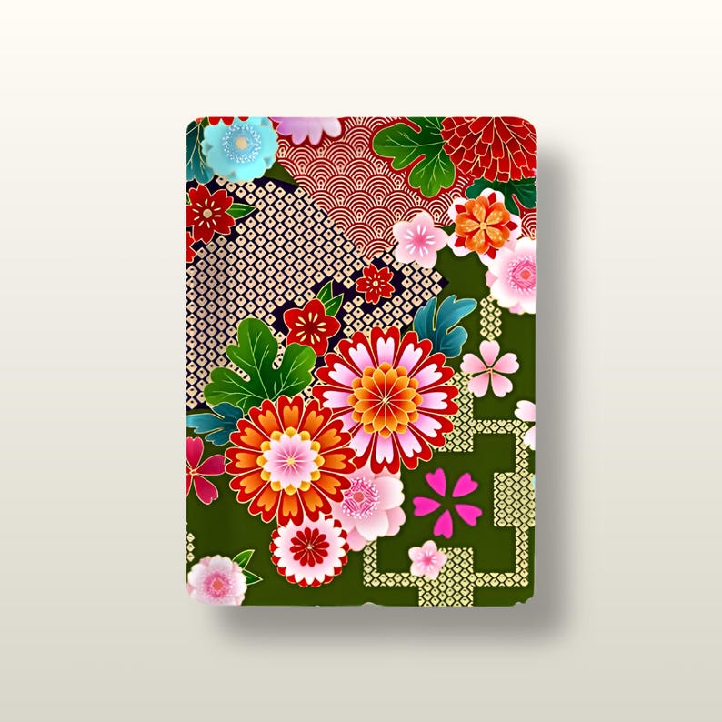 May include: A rectangular card featuring a vibrant floral pattern on a dark olive green background. The design includes large orange, red, and pink chrysanthemum-like flowers, smaller cherry blossoms, and geometric patterns in gold and black.