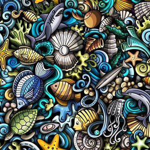 K&ouml;nnte beinhalten: Eine lebendige, cartoonartige Illustration mit einem nahtlosen Muster des Meereslebens. Das Design umfasst bunte Fische, einen Hai, Seesterne, Muscheln, eine Schildkr&ouml;te und einen Delfin, alles vor dem Hintergrund von wirbelndem blauem Wasser und Korallen.