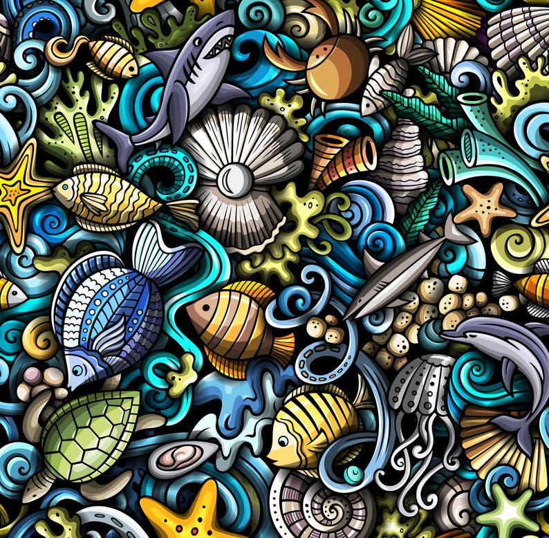 K&ouml;nnte beinhalten: Eine lebendige, cartoonartige Illustration mit einem nahtlosen Muster des Meereslebens. Das Design umfasst bunte Fische, einen Hai, Seesterne, Muscheln, eine Schildkr&ouml;te und einen Delfin, alles vor dem Hintergrund von wirbelndem blauem Wasser und Korallen.