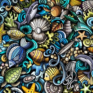 May include: A vibrant illustration featuring a dense collection of marine life including a shark, dolphin, sea turtle, jellyfish, various fish, starfish, and seashells, all set against a swirling background of blue and teal ocean waves.