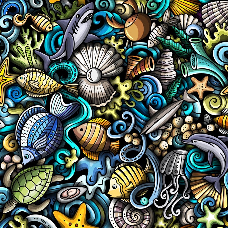 May include: A vibrant illustration featuring a dense collection of marine life including a shark, dolphin, sea turtle, jellyfish, various fish, starfish, and seashells, all set against a swirling background of blue and teal ocean waves.
