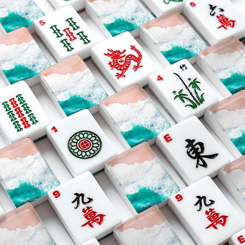 American Mahjong Tiles Set Coastal Ocean Waves on Beach Peach Teal White image 2