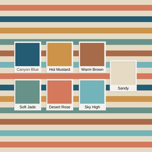 Pode incluir: Uma paleta de cores com sete amostras quadradas rotuladas como Canyon Blue, Hot Mustard, Warm Brown, Sandy, Soft Jade, Desert Rose e Sky High, exibidas sobre um fundo de listras horizontais em cores e tons correspondentes.