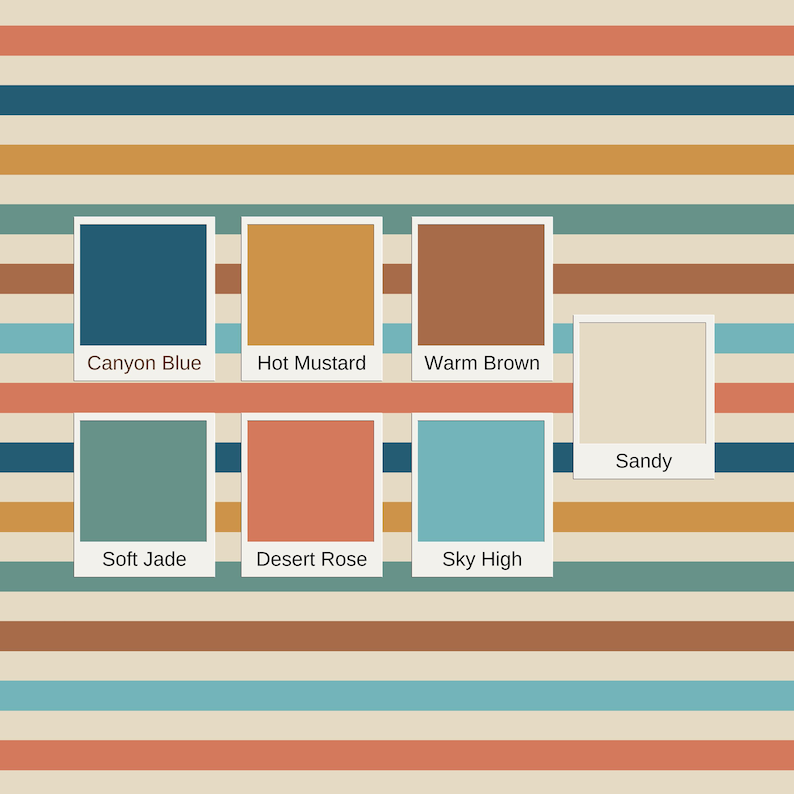 Pode incluir: Uma paleta de cores com sete amostras quadradas rotuladas como Canyon Blue, Hot Mustard, Warm Brown, Sandy, Soft Jade, Desert Rose e Sky High, exibidas sobre um fundo de listras horizontais em cores e tons correspondentes.