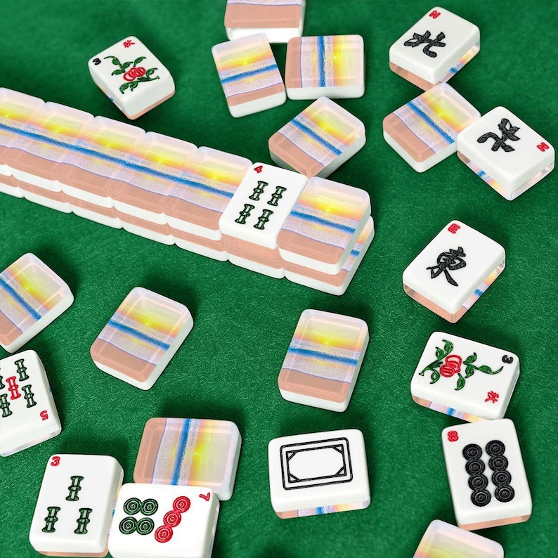 Amerikanskt Mahjong-plattset Kustnära havsvågor på stranden Persikablå Gul Vit bild 3