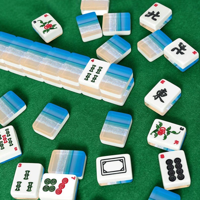 American Mahjong Tiles Set Coastal Ocean Waves on Beach Warm Blue Beige White image 3