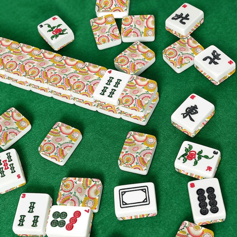 Amerikanskt Mahjong-plattset Retro Whimsy Blommig Senap Gul Salvia Grön bild 3