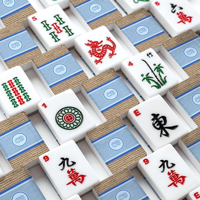 "Amerikanische Mahjong Fliesen Set ""Küsten Sackleinen"" Sammlung Personalisierte Name Blau Jute." Bild 2