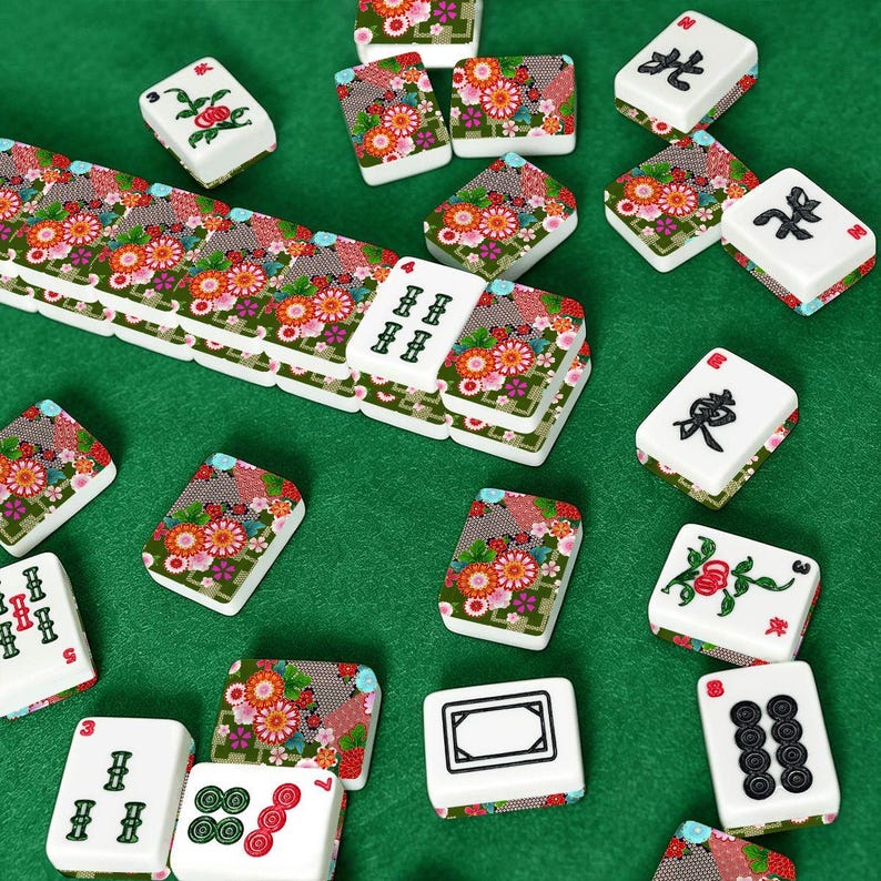 American Mahjong Tile Set Japanese Floral Chrysanthemum Pattern Red Green White image 3