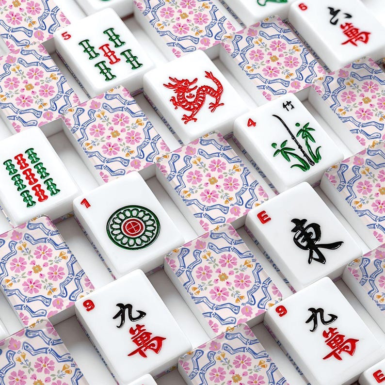 Premium American Mahjong Tile Set - Preppy Pink Watercolor Floral Lattice Print image 2