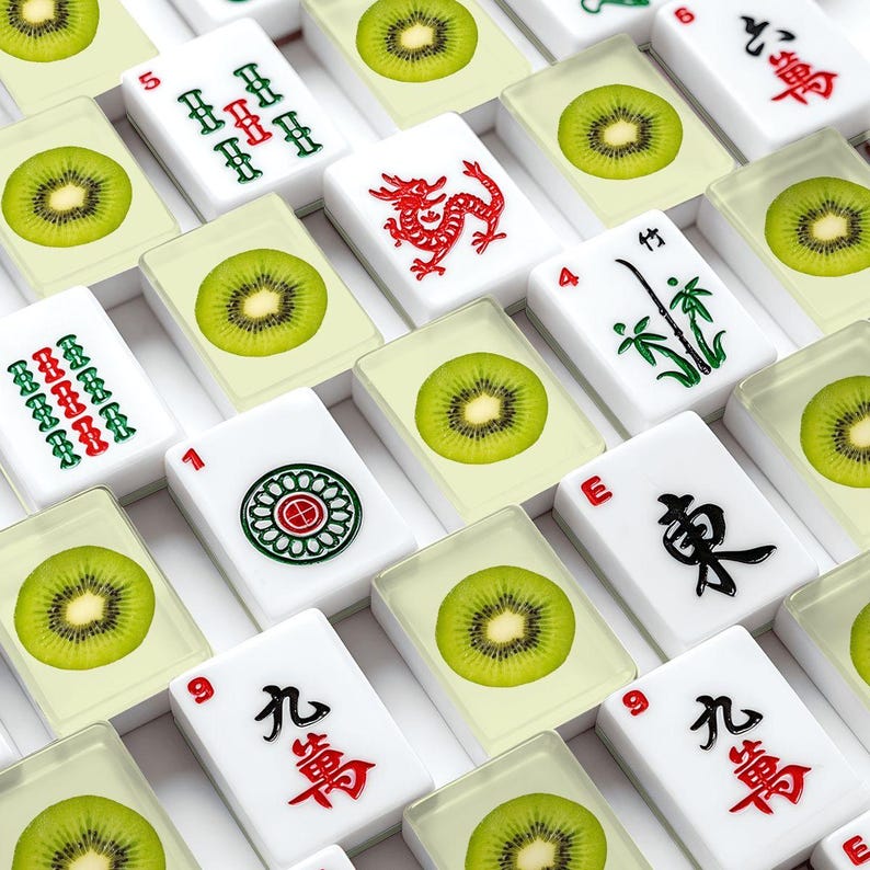 American Mahjong Tile Set Kiwi Fruit Motif Print Bright Lime Green image 1