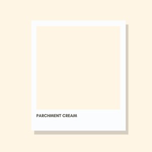 May include: A square colour swatch featuring a solid block of parchment cream colour framed by a white border. The text PARCHMENT CREAM is printed in a dark sans-serif font at the bottom of the white border area, centred below the colour block.