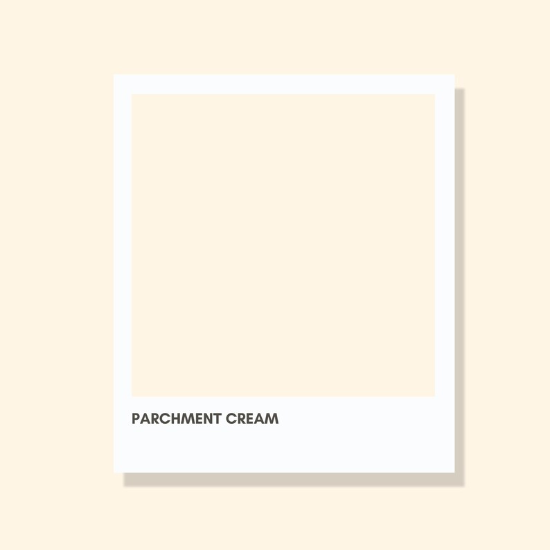 May include: A square colour swatch featuring a solid block of parchment cream colour framed by a white border. The text PARCHMENT CREAM is printed in a dark sans-serif font at the bottom of the white border area, centred below the colour block.