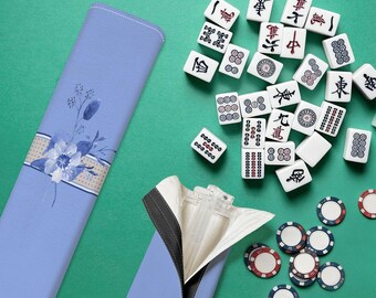 Mahjong Clear Tile Pusher Racks Cornflower Blue with Flax Basket Weave Print Navy Watercolor Flower