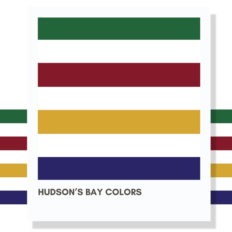 May include: A rectangular graphic print featuring horizontal stripes in green, red, yellow, and dark blue, separated by white bands. The text HUDSON'S BAY COLORS is printed in dark gray at the bottom left of the white background area.
