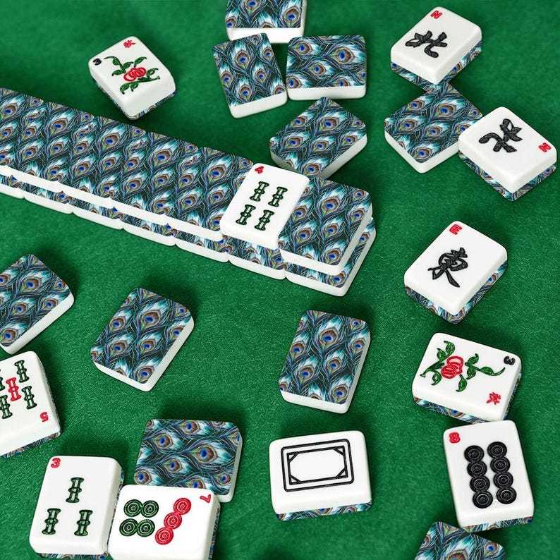 Juego de fichas de mahjong americano premium - Estampado con diseño de plumas de pavo real imagen 4