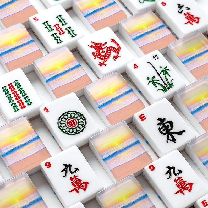 Amerikanskt Mahjong-plattset Kustnära havsvågor på stranden Persikablå Gul Vit bild 2