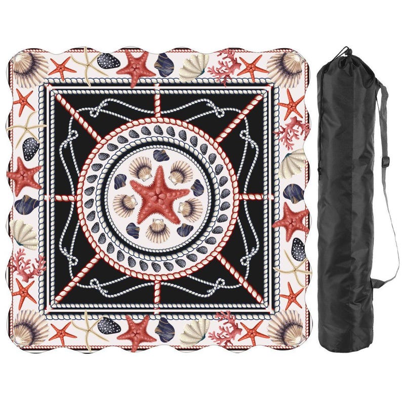 Scalloped Mahjong Table Mat Coastal Nautical Starfish and Seashells image 1