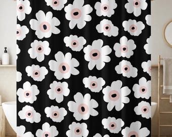 Poppy Flower Shower Curtain - Large Scandinavian Floral Pattern - Black White Pink