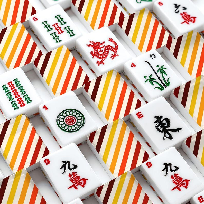 Amerikaanse mahjongtegelset herfststreeppatroon bordeaux rood oranje geel afbeelding 2