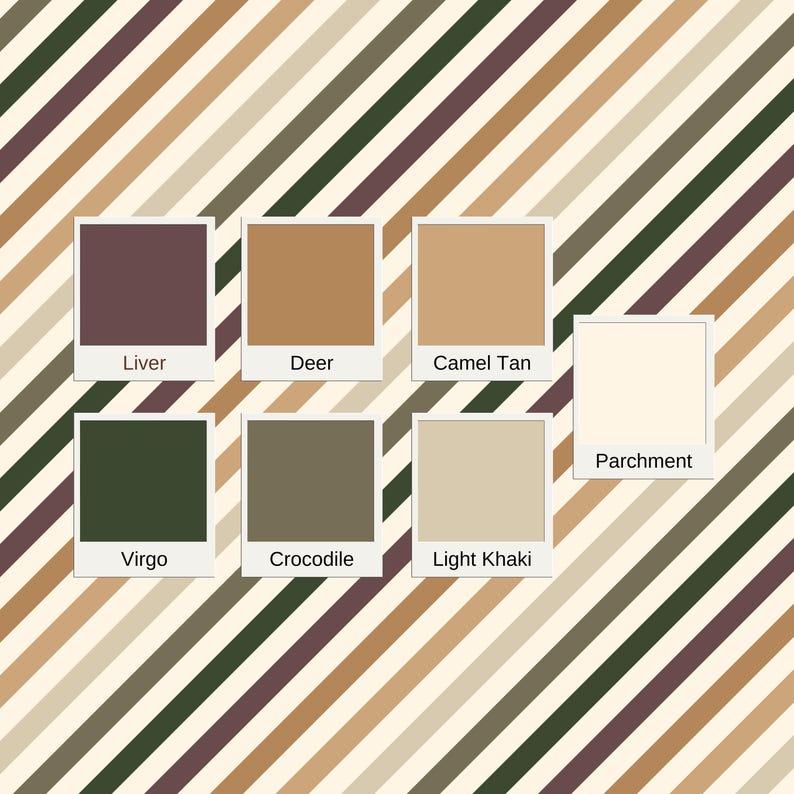 Op de afbeelding: Een kleurenpalet met zeven vierkante stalen met de labels Liver, Deer, Camel Tan, Parchment, Virgo, Crocodile en Light Khaki. De stalen zijn geplaatst op een achtergrond van diagonale strepen in bijpassende tinten bruin, groen en cr&egrave;me.