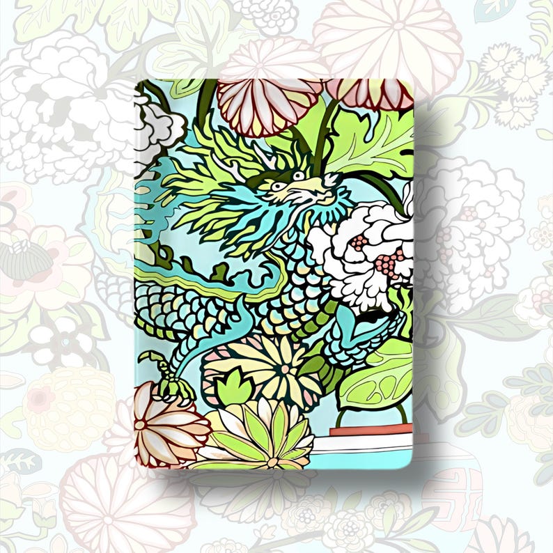 May include: A rectangular decorative panel featuring a vibrant illustration of a blue and green dragon intertwined with large white, pink, and lime green chrysanthemum flowers against a light blue background with a repeating floral pattern.